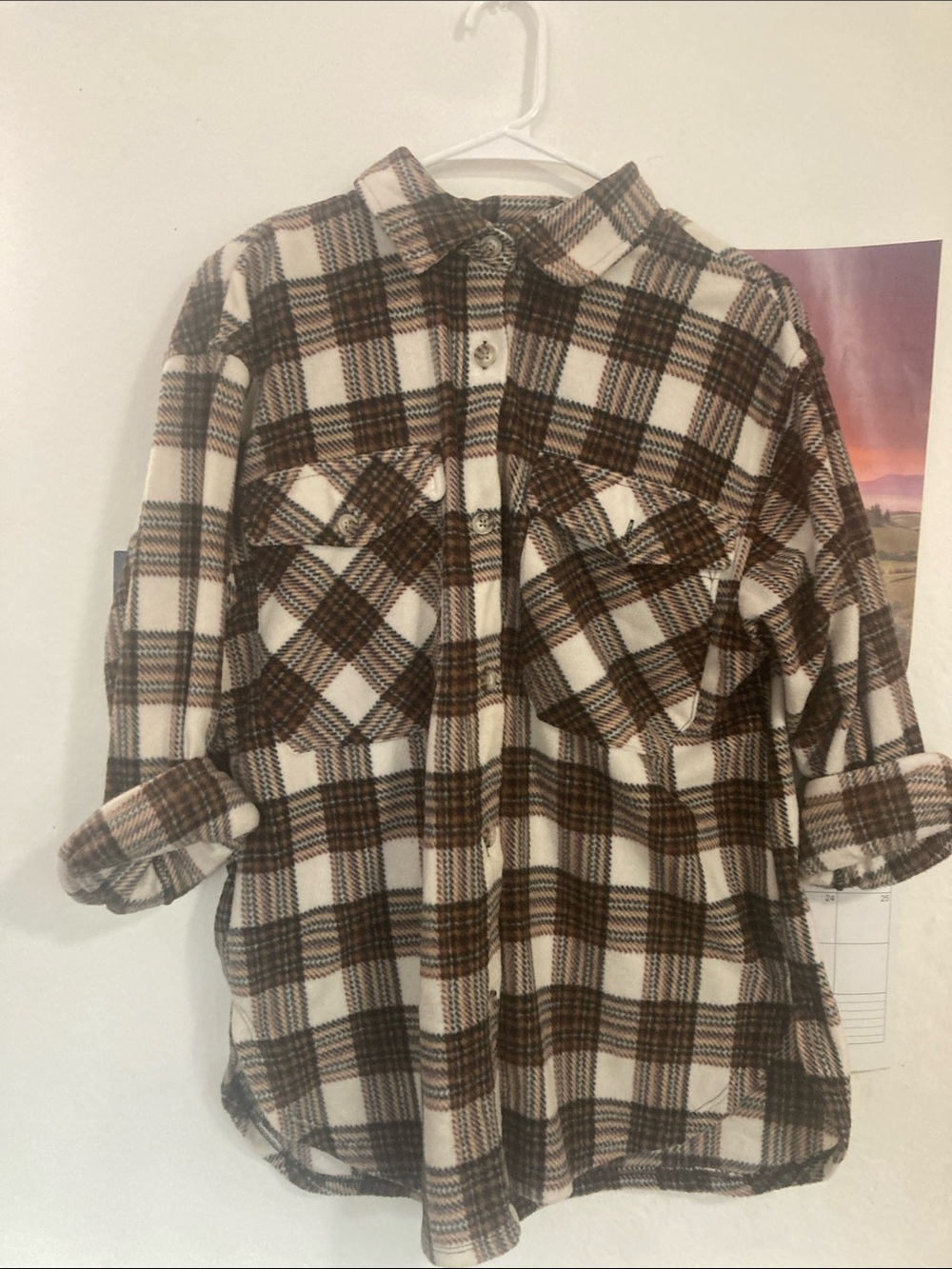 Button-Down Plaid Shirt Jacket in Brown and Cream